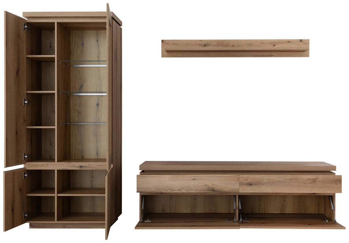 WOHNWAND 3-teilig  Eichefarben 278/197/40 cm  - Eichefarben, Design, Glas/Holzwerkstoff (278/197/40cm) - Livetastic