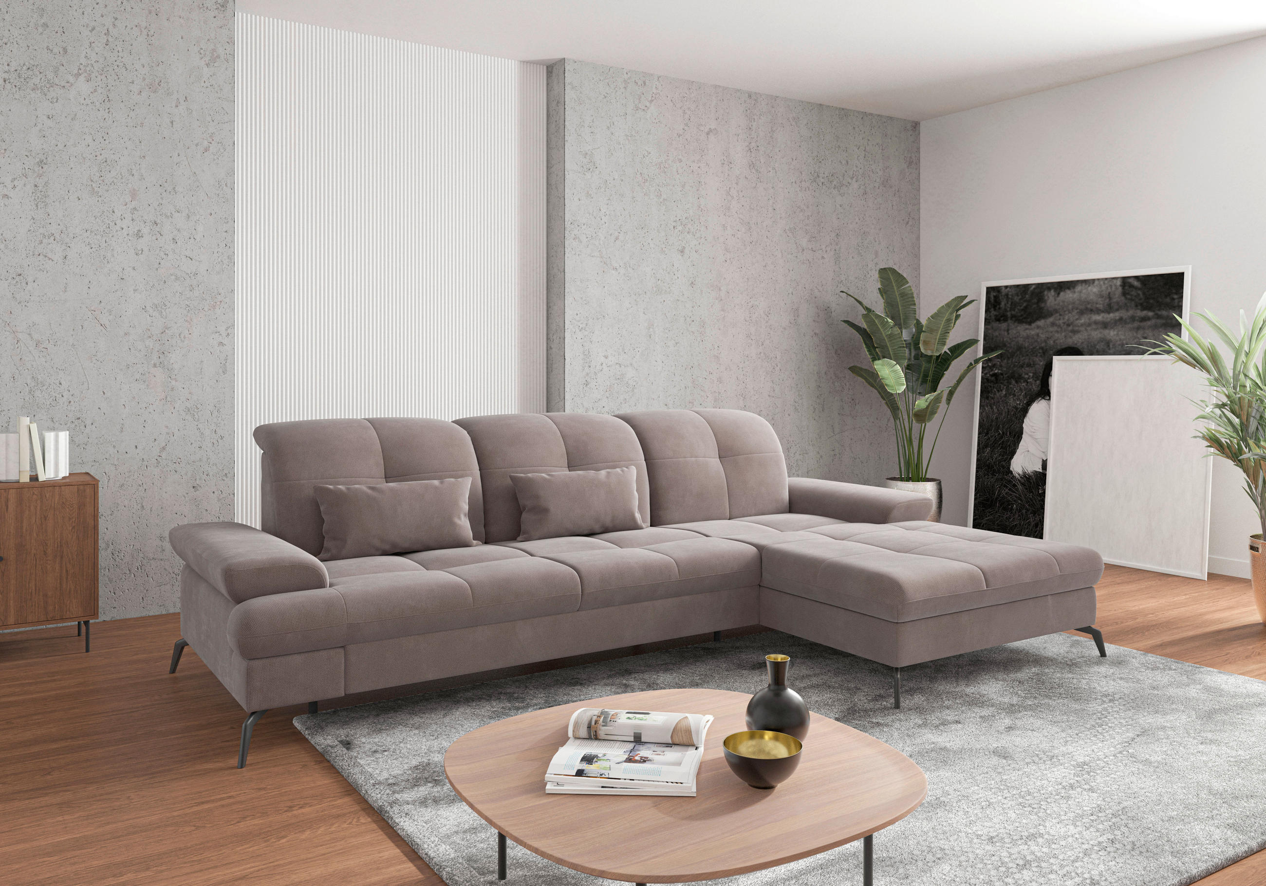 ECKSOFA Taupe Flachgewebe  - Taupe/Schwarz, KONVENTIONELL, Textil/Metall (279/185cm) - Sit & More