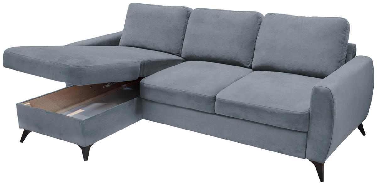 ECKSCHLAFSOFA JEFFREY Mikrovelours Grau  inkl. Zierkissen, Rückenkissen, Stauraum  - Dunkelgrau/Schwarz, KONVENTIONELL, Textil/Metall (230/150cm) - Livetastic