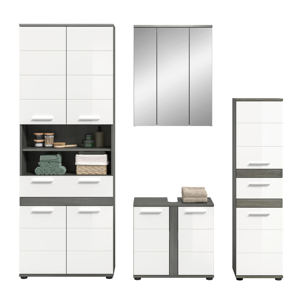 KUPAONICA  boje srebrnog hrasta, bijela visoki sjaj  - boje srebrnog hrasta/srebrne boje, Trend, staklo/drvni materijal (195cm) - MID.YOU