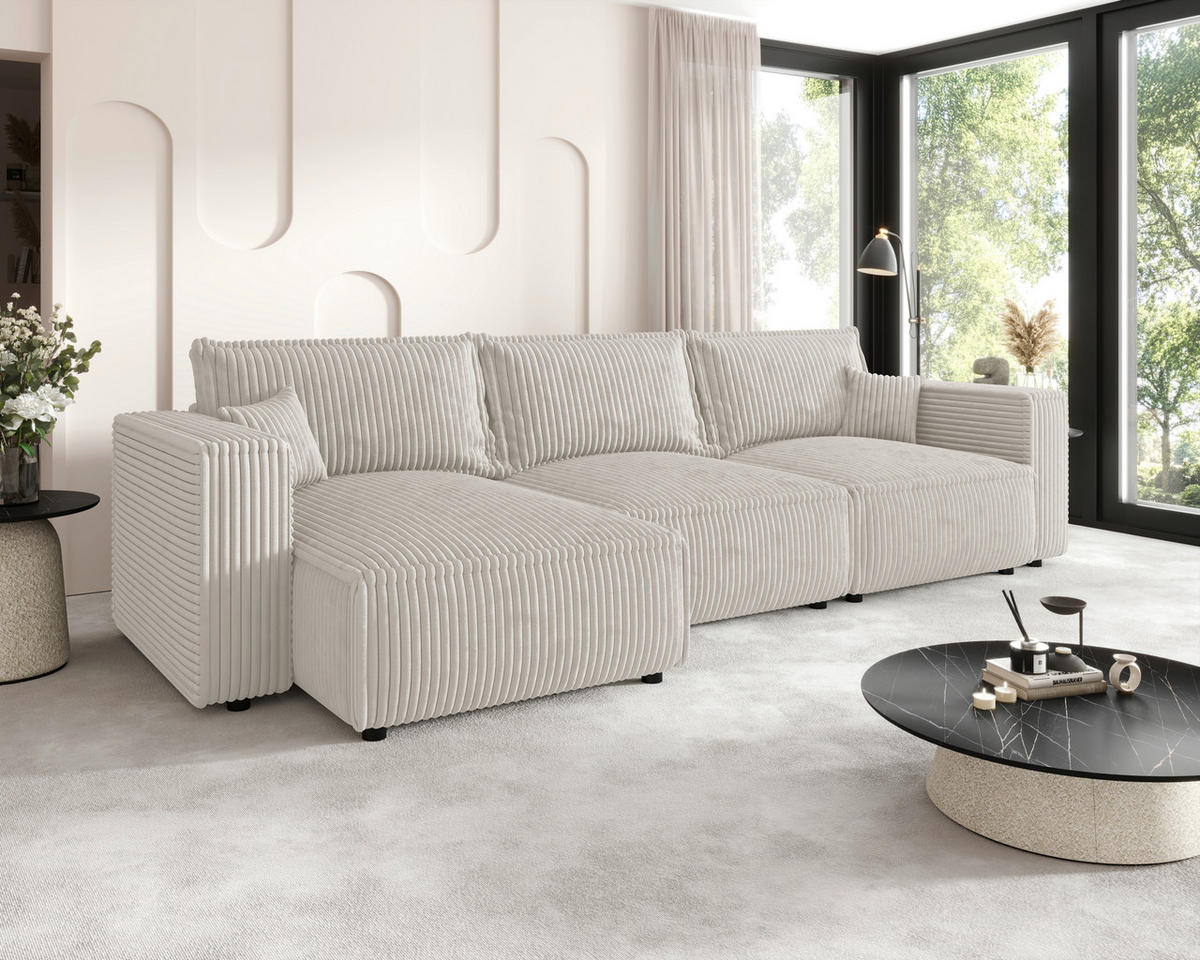 ECKSOFA Creme Cord Zierkissen, Rückenkissen, Schlaffunktion, Rücken echt  - Creme/Schwarz, MODERN, Kunststoff/Textil (153/350cm) - Xora