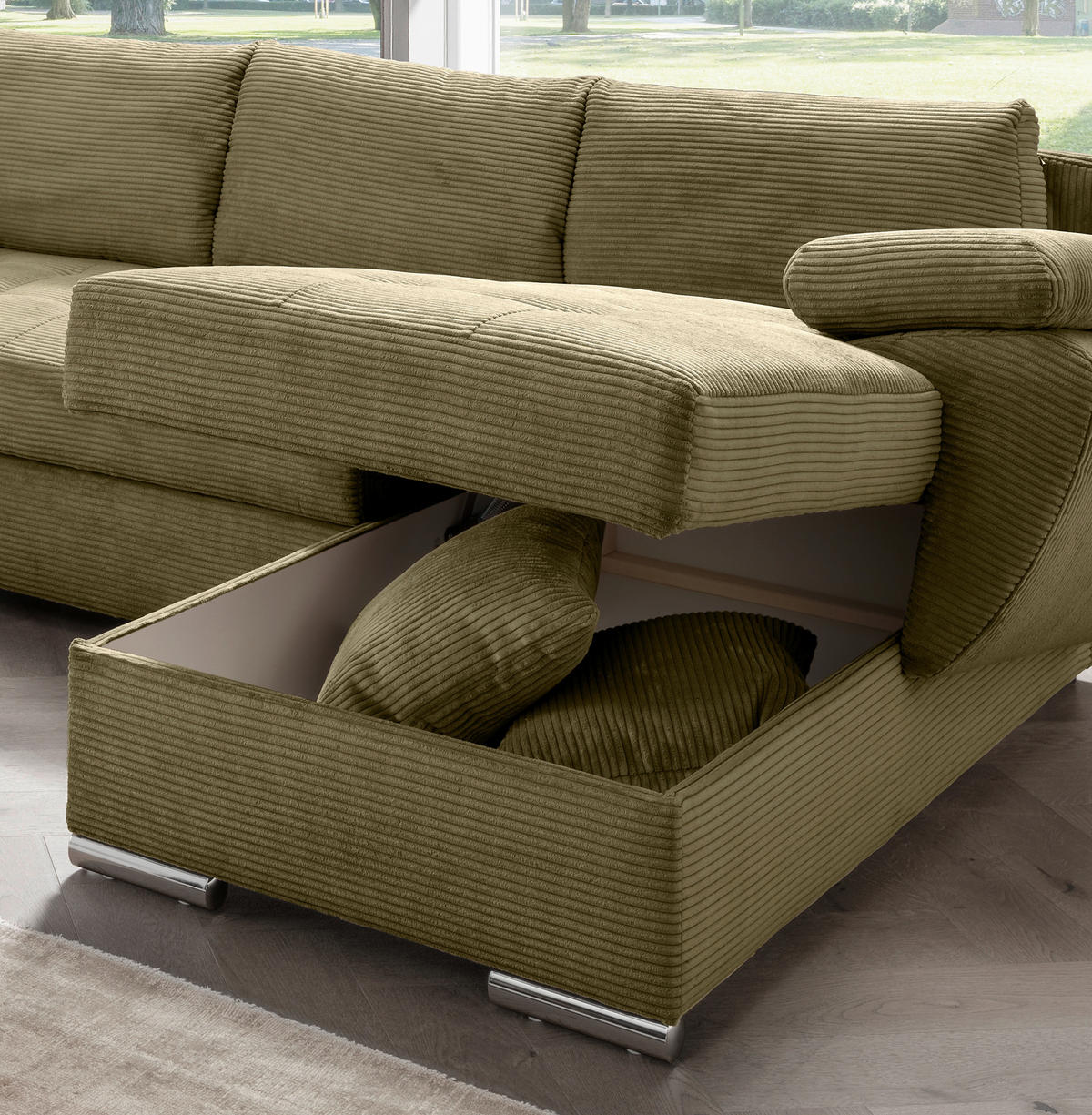 Wohnlandschaft in Cord Olivgrün  - Chromfarben/Olivgrün, KONVENTIONELL, Textil/Metall (219/305/157cm) - Livetastic