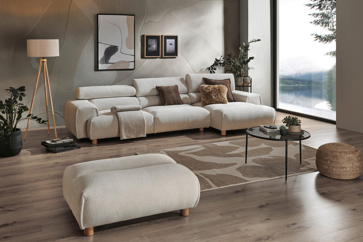 ECKSOFA Velours Weiss  - Weiss/Buchefarben, Design, Holz/Textil (329/150cm) - Lomoco