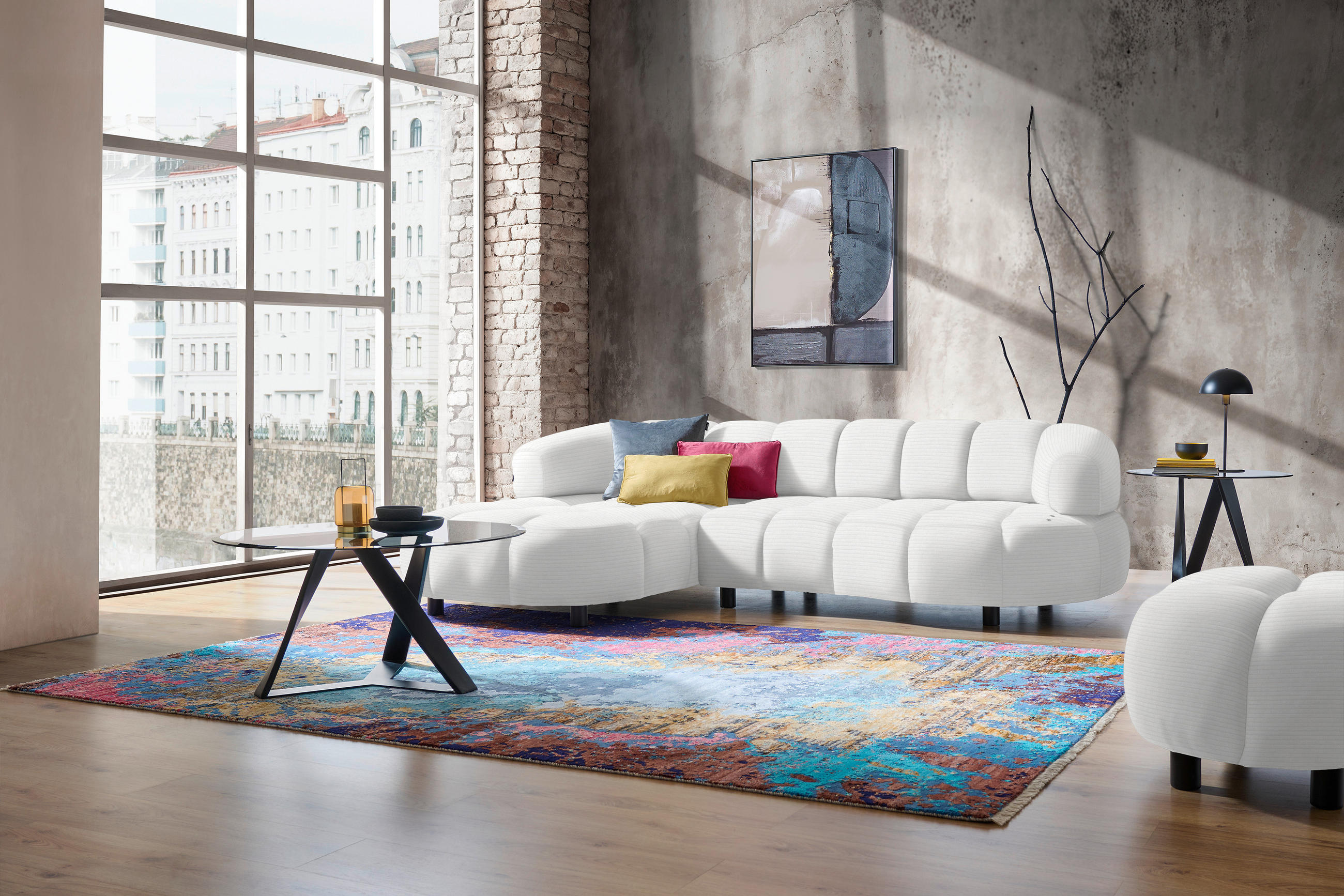 ECKSOFA in Cord, Velours Ecru  183/284 cm  - Ecru/Schwarz, Design, Holz/Textil (183/284cm) - Welnova