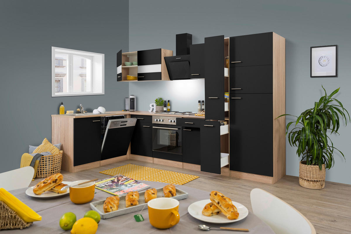 ECKKÜCHE 172/310 cm  in Schwarz, Eichefarben  - Edelstahlfarben/Eichefarben, Basics, Glas/Holzwerkstoff (172/310cm) - Respekta