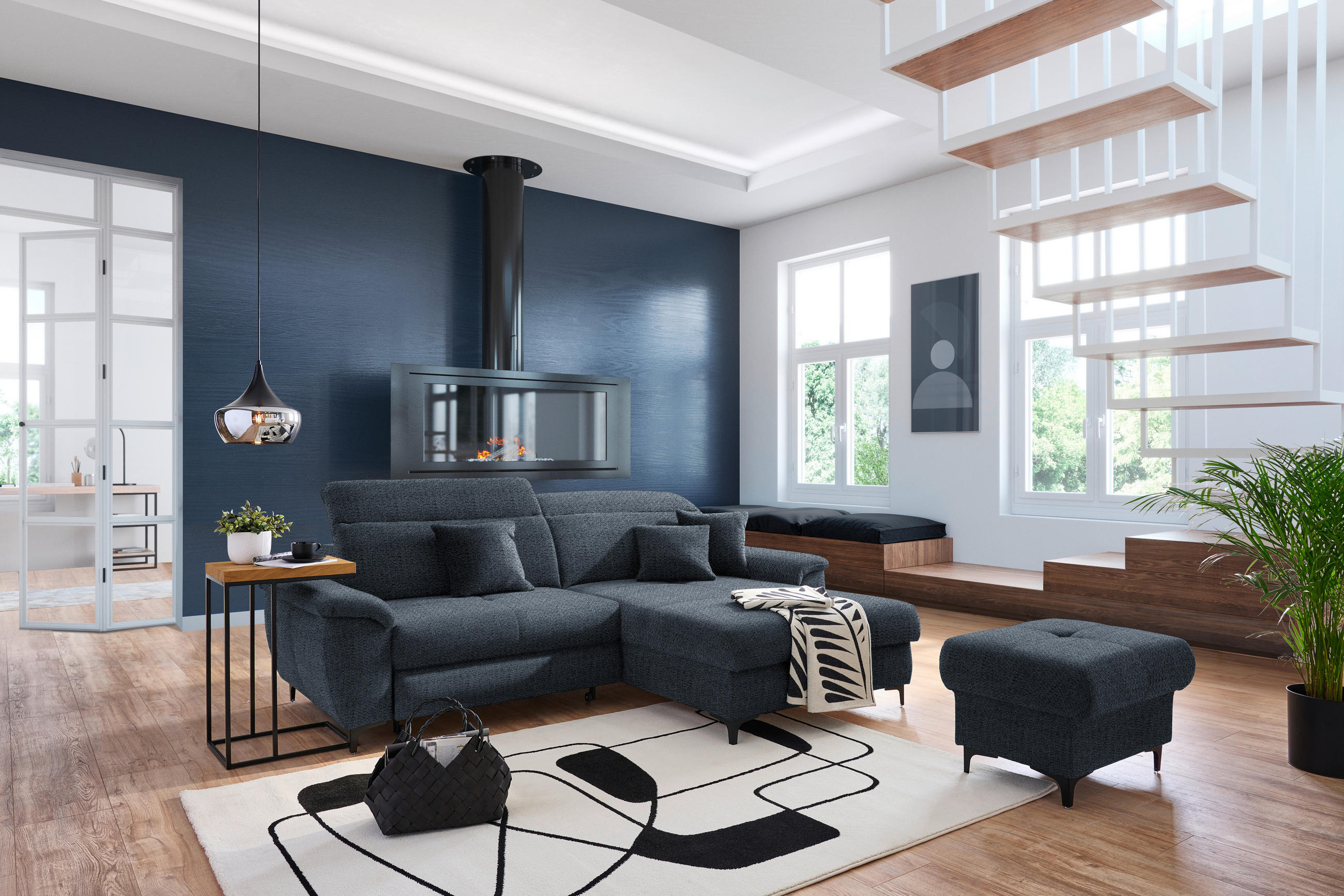 ECKSOFA Dunkelblau Chenille  - Schwarz/Dunkelblau, Design, Textil/Metall (185/256cm) - Stylife