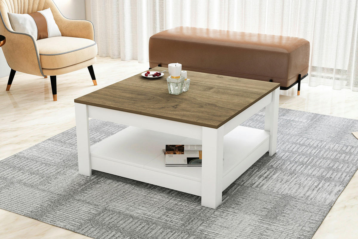 COUCHTISCH in Holzwerkstoff 89/89/45 cm  - Weiss/Walnussfarben, Design, Holzwerkstoff (89/89/45cm) - Livetastic