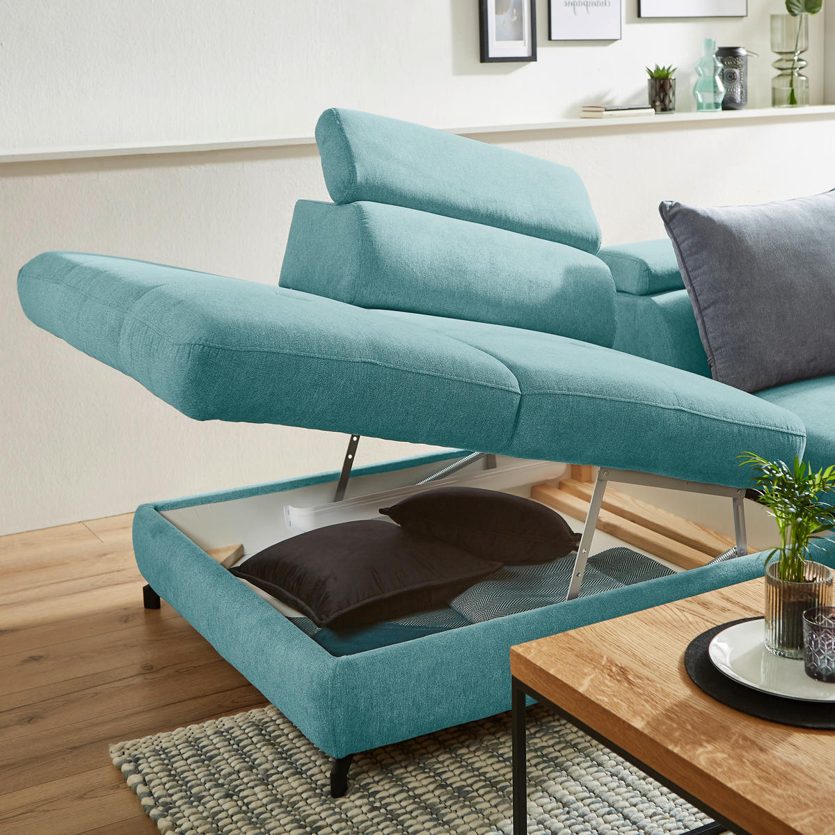 ECKSOFA inkl. Funktion Türkis Webstoff  - Türkis/Schwarz, Design, Textil/Metall (237/277cm) - Stylife