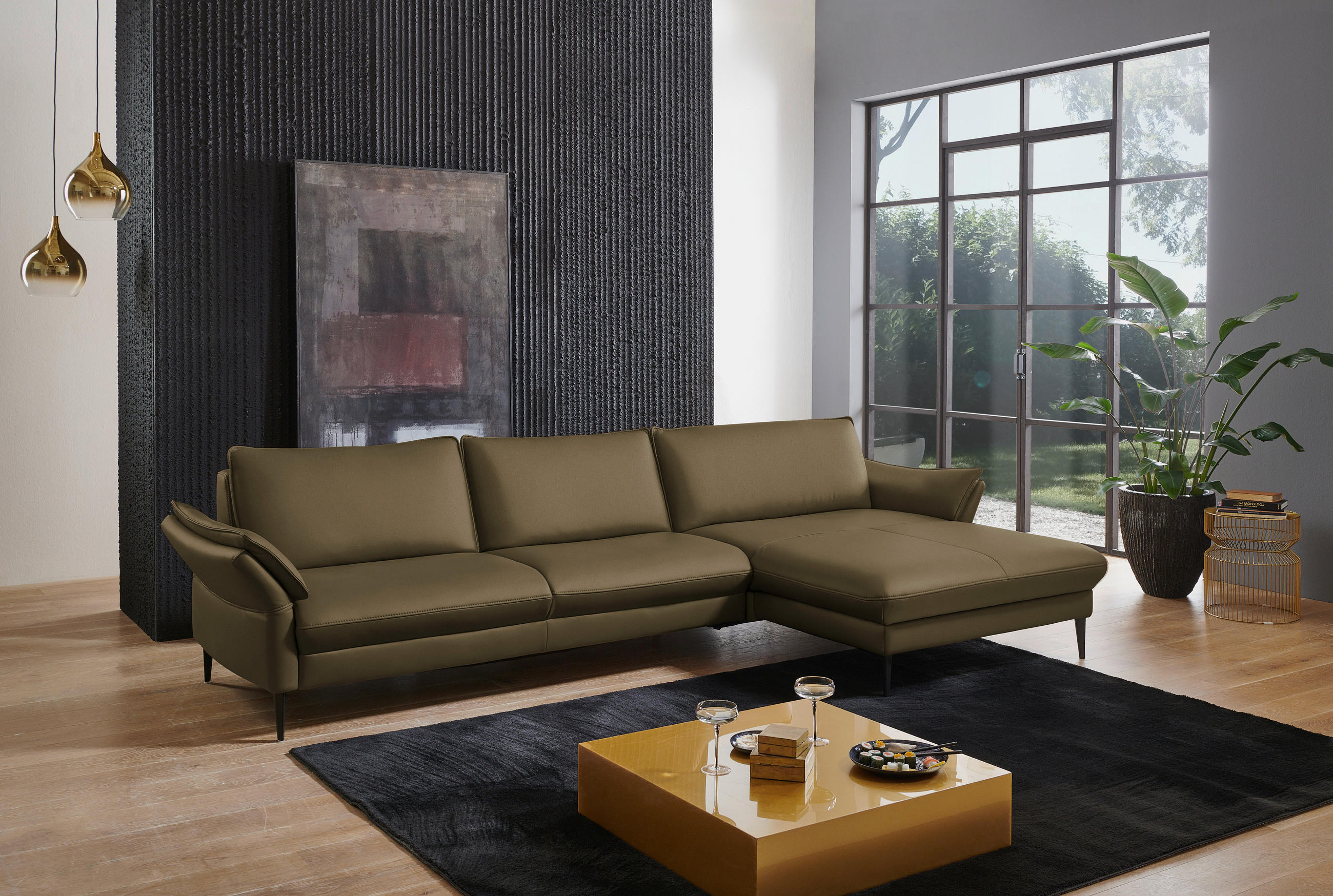 ECKSOFA in Echtleder Olivgrün  - Schwarz/Olivgrün, Design, Leder/Metall (334/172cm) - Valdera