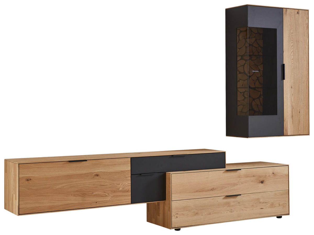 WOHNWAND 3-teilig  in Schwarz, Eichefarben  306,2/209,8/45,2 cm  - Eichefarben/Schwarz, Design, Glas/Holz (306,2/209,8/45,2cm) - Valdera