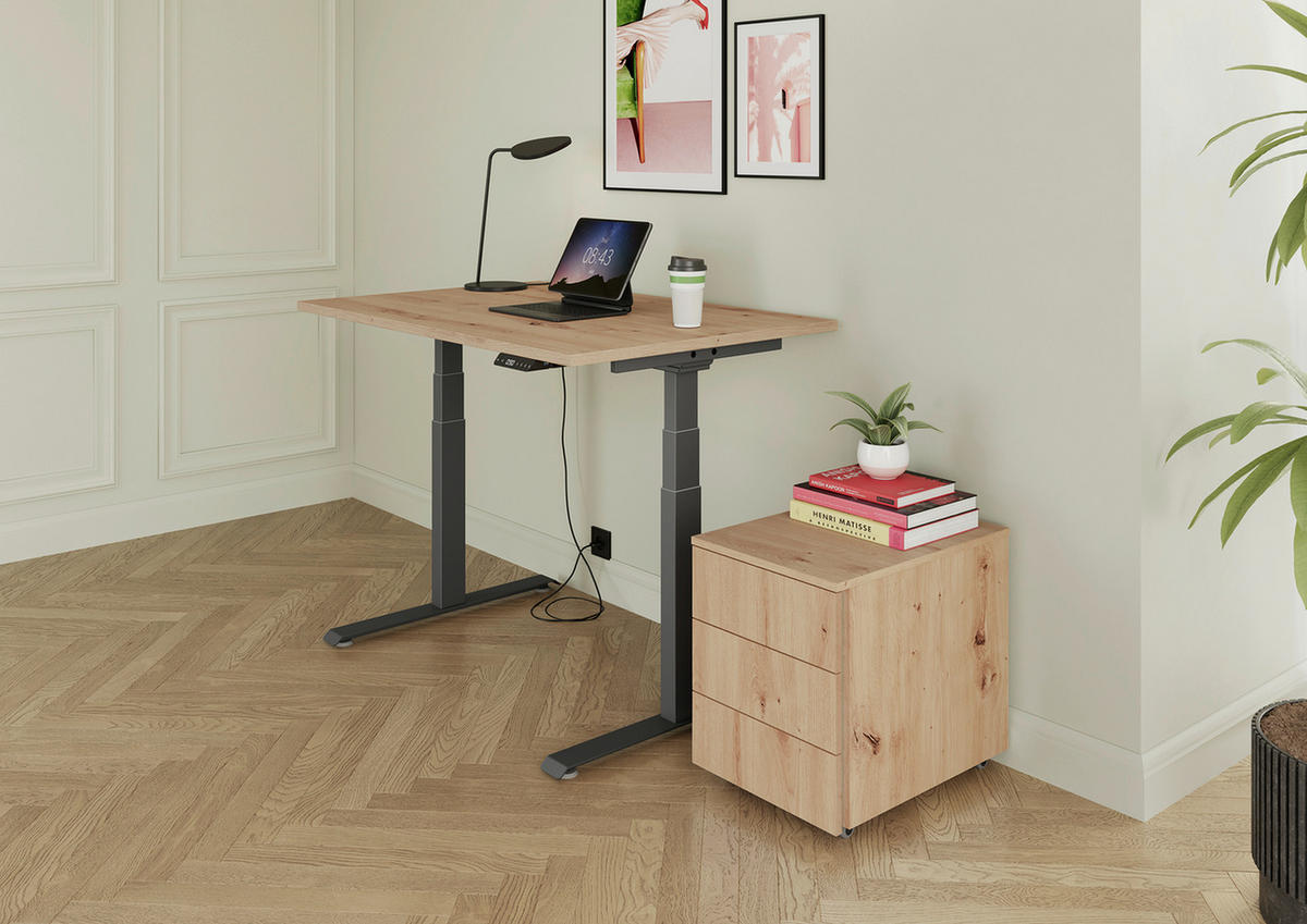 SCHREIBTISCH 140/80/64,5-129,5 cm Graphitfarben, Eichefarben elektrisch höhenverstellbar  - Eichefarben/Graphitfarben, KONVENTIONELL, Holzwerkstoff/Metall (140/80/64,5-129,5cm) - Venda