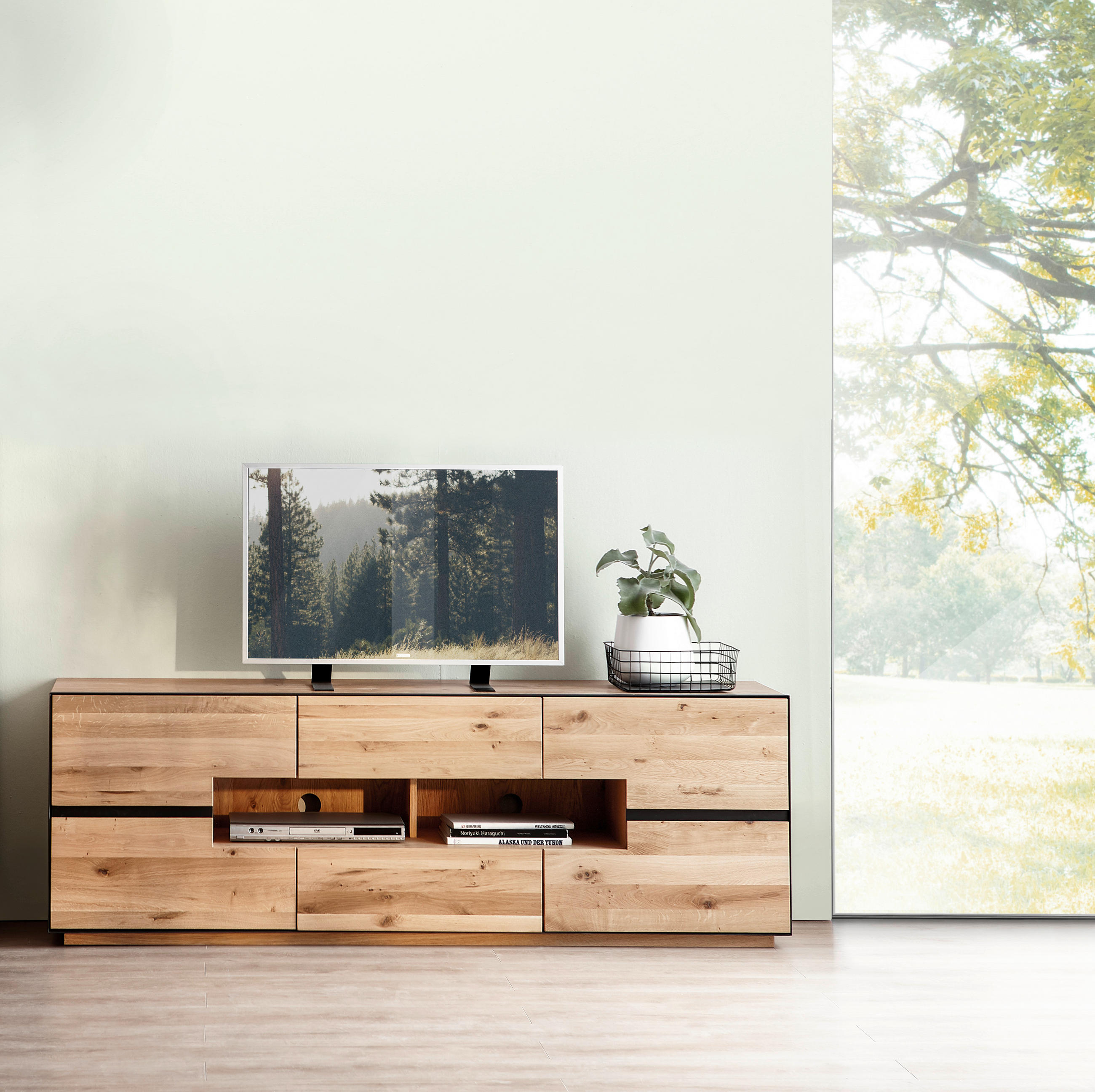 TV-ELEMENT Wildeiche furniert, massiv, teilmassiv Anthrazit - Anthrazit, KONVENTIONELL, Holz/Metall (181/62/47cm) - Linea Natura