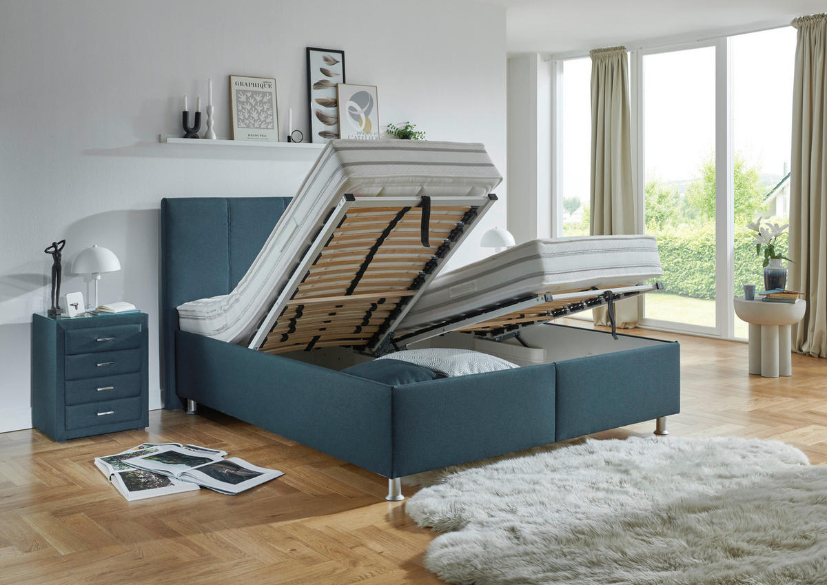 POLSTERBETT 200/200 cm,  in Blau, Dunkelblau, Matratze, gepolstertes Kopfteil, Lattenrost, Bettkasten, H2 + H3 = mittel + fest  - Blau/Alufarben, KONVENTIONELL, Holz/Holzwerkstoff (200/200cm) - Beldomo - Sleep