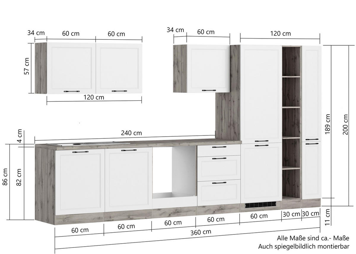 KÜCHENLEERBLOCK 360 cm   in Grau, Eiche Wotan  - Eiche Wotan/Schwarz, LIFESTYLE, Holzwerkstoff/Metall (360cm) - Held