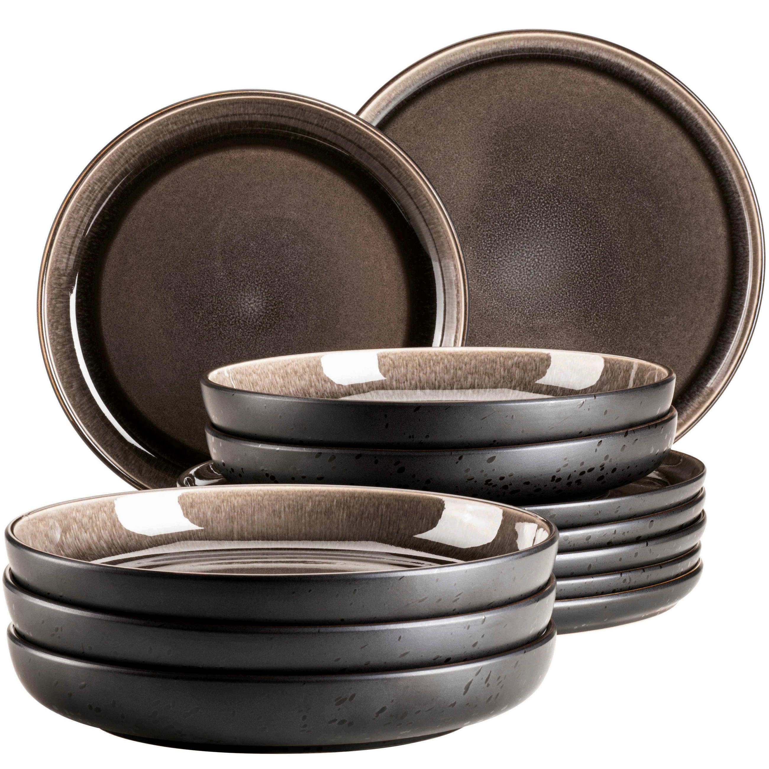 TAFELSERVICE Schwarz, Graubraun 12-teilig Niara  - Graubraun/Schwarz, Basics, Keramik - Mäser