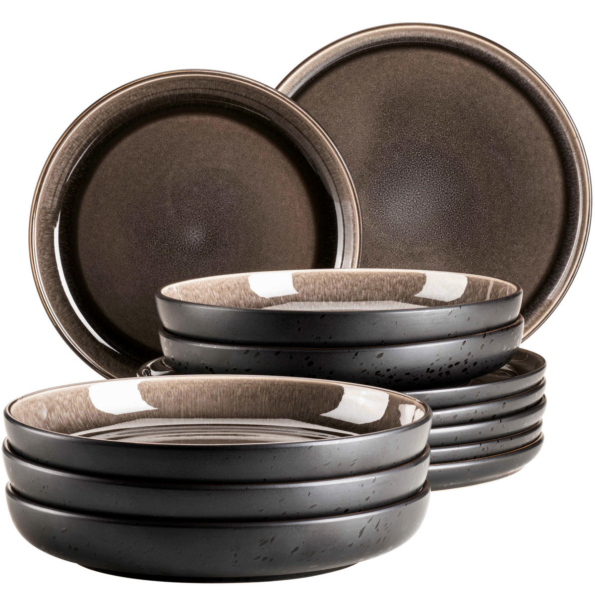 TAFELSERVICE Niara 12-teilig  - Graubraun/Schwarz, Basics, Keramik - Mäser