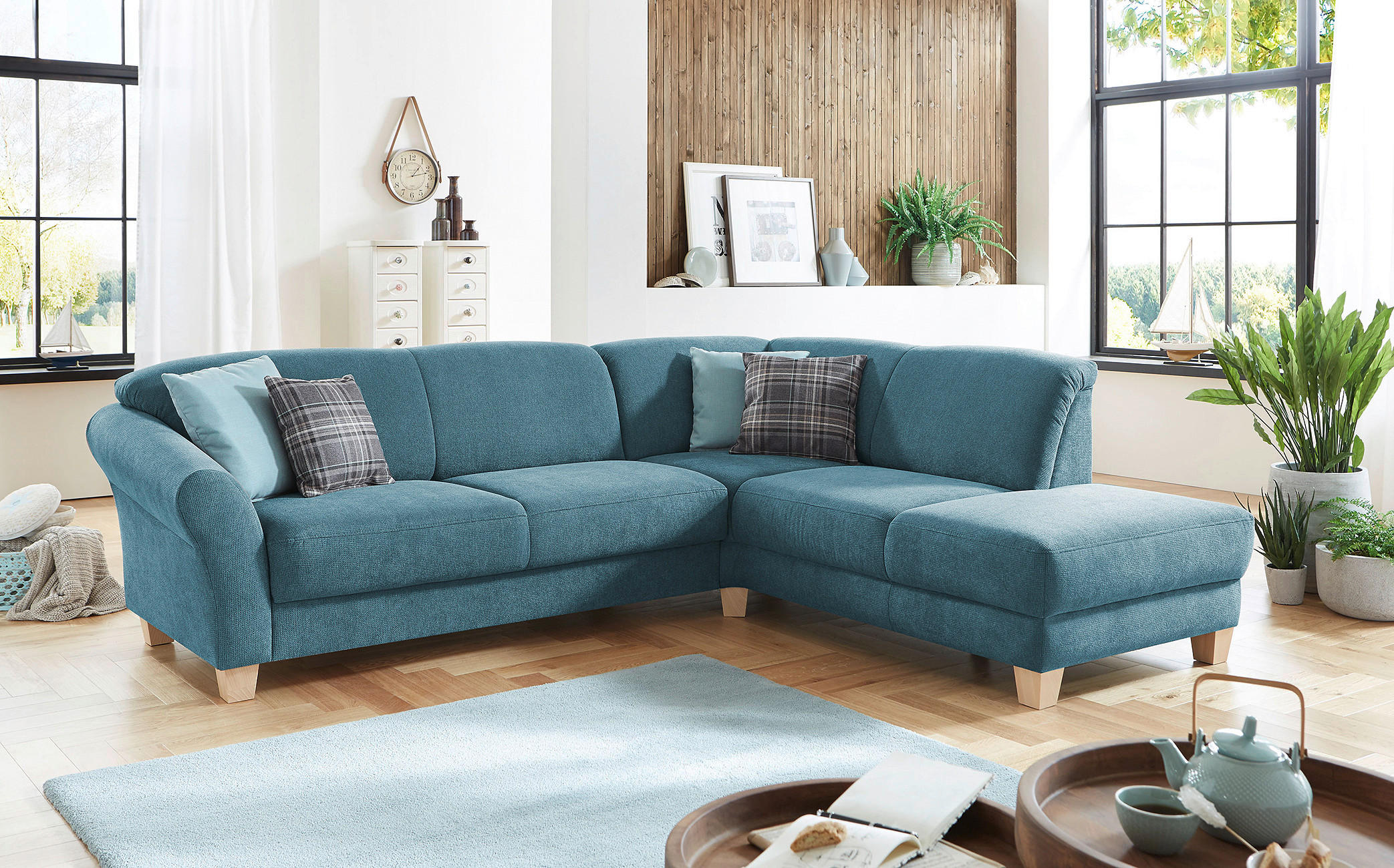 ECKSOFA Petrol Flachgewebe Bettkasten, Sitztiefenverstellung  - Petrol/Naturfarben, KONVENTIONELL, Holz/Textil (257/212cm) - Sit & More