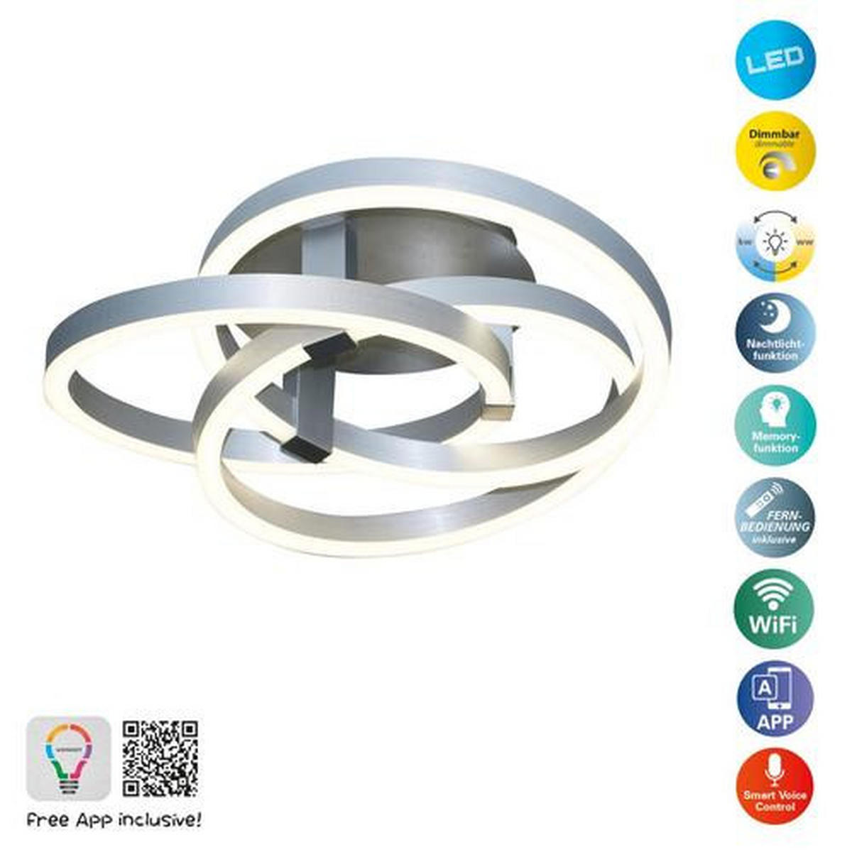 LED-DECKENLEUCHTE  Smart 70 cm  - Alufarben, Design, Kunststoff/Metall (70cm) - Näve