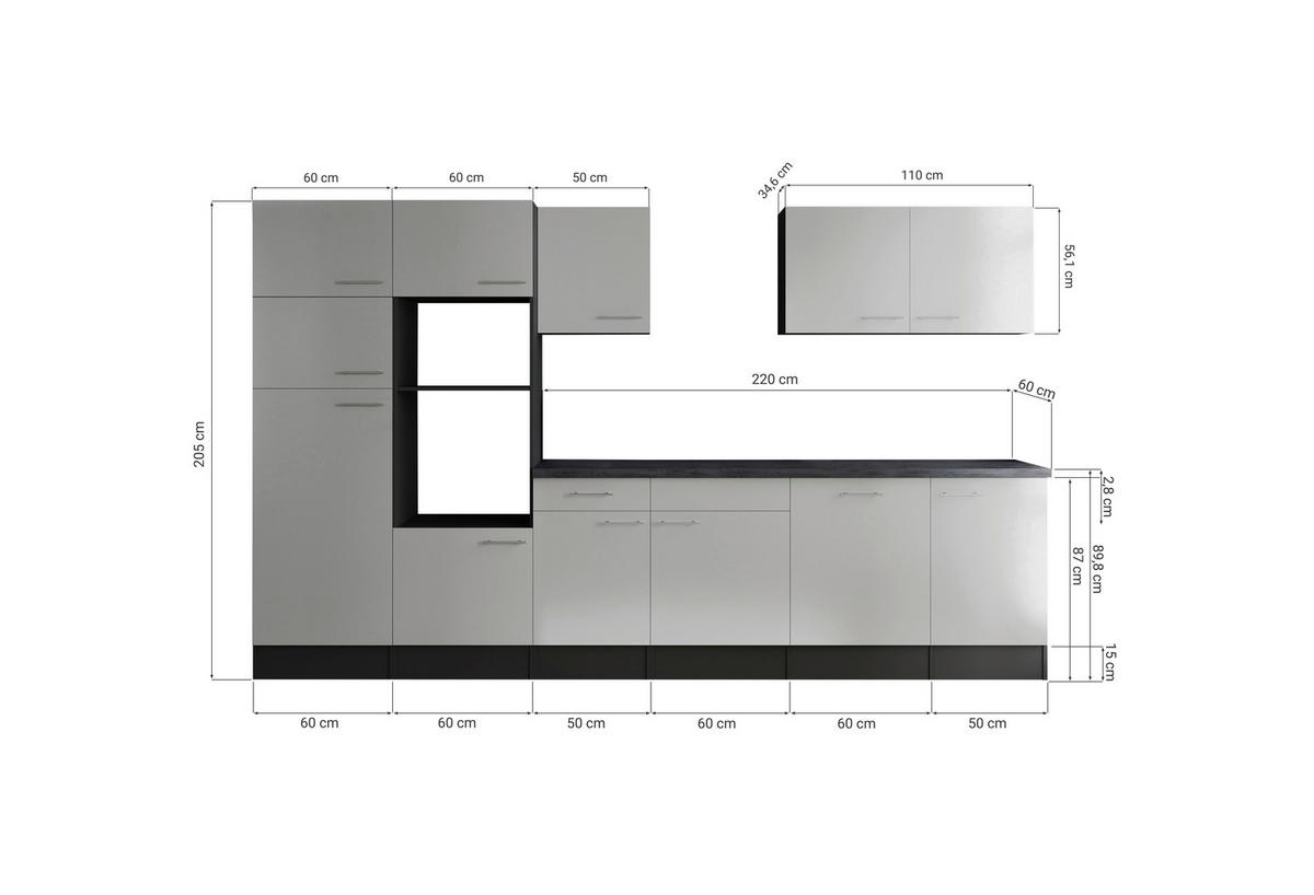 MODULKÖK UTAN VITVAROR 340 cm   i grå, vit  - vit/silver, Design, metall/trämaterial (340cm) - Respekta