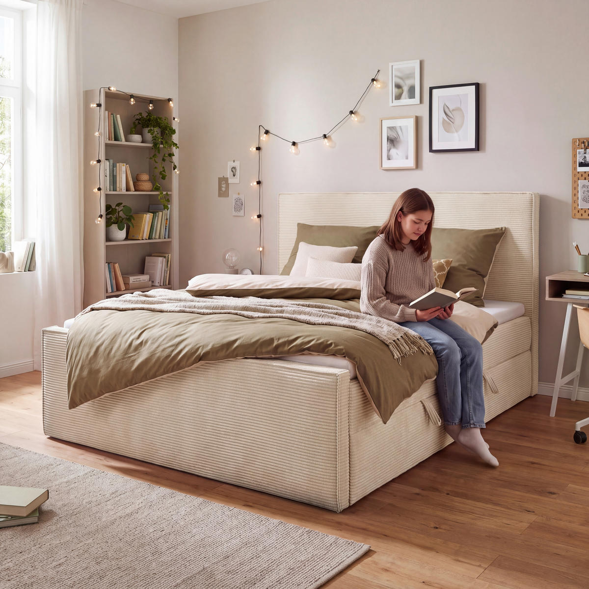 BOXBETT 180/200 cm,  in Beige, gepolstertes Kopfteil, Bettkasten, Topper, Matratzen, H3 + H3 = fest  - Beige/Schwarz, Basics, Kunststoff/Textil (180/200cm) - Chameo