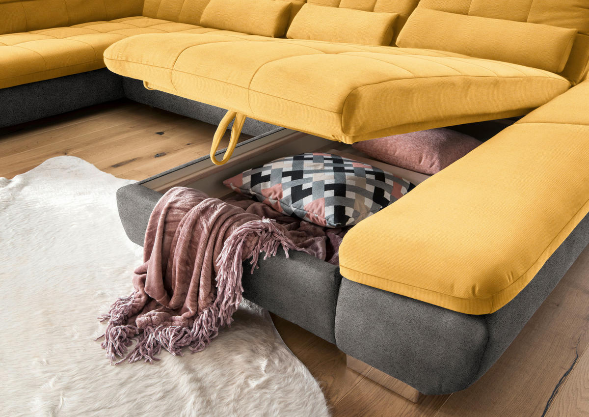 WOHNLANDSCHAFT in Mikrofaser Grau, Dunkelgelb  - Chromfarben/Dunkelgelb, Design, Kunststoff/Textil (211/350/204cm) - Xora