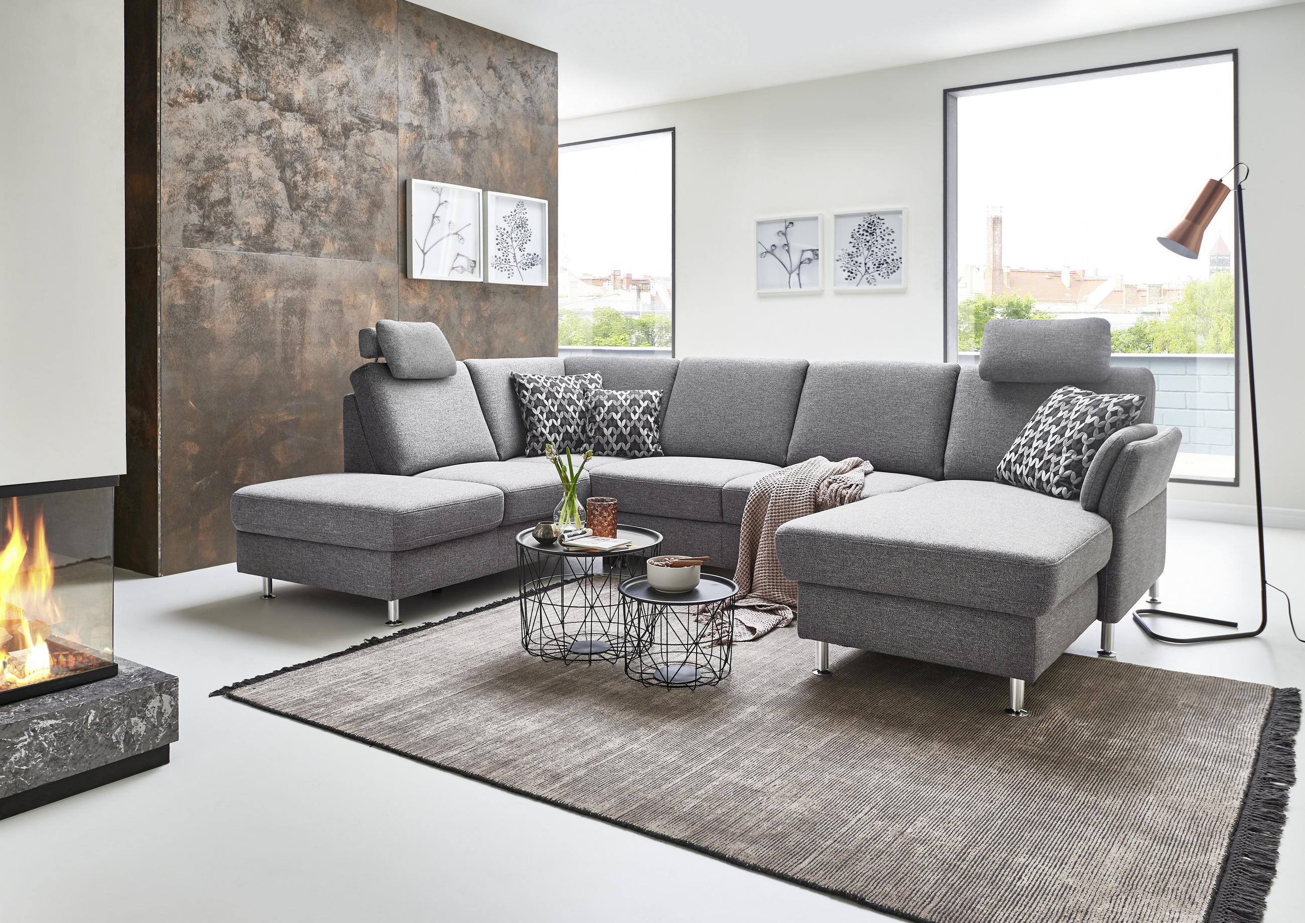 WOHNLANDSCHAFT in Flachgewebe Grau  - Chromfarben/Grau, KONVENTIONELL, Textil/Metall (168/305/200cm) - Beldomo System
