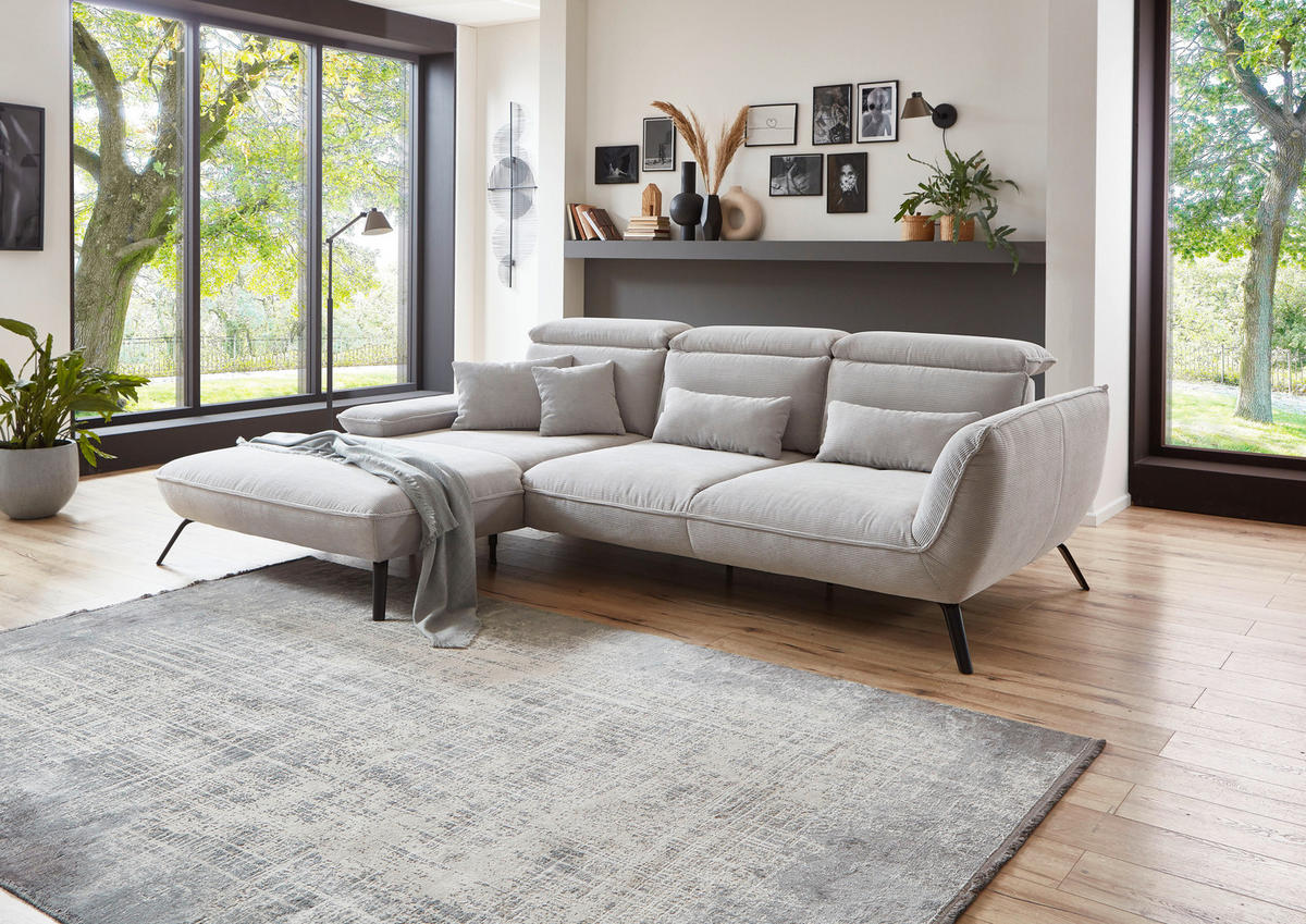 ECKSOFA Hellgrau Cord  - Hellgrau/Schwarz, Design, Textil/Metall (196/301cm) - Moderano