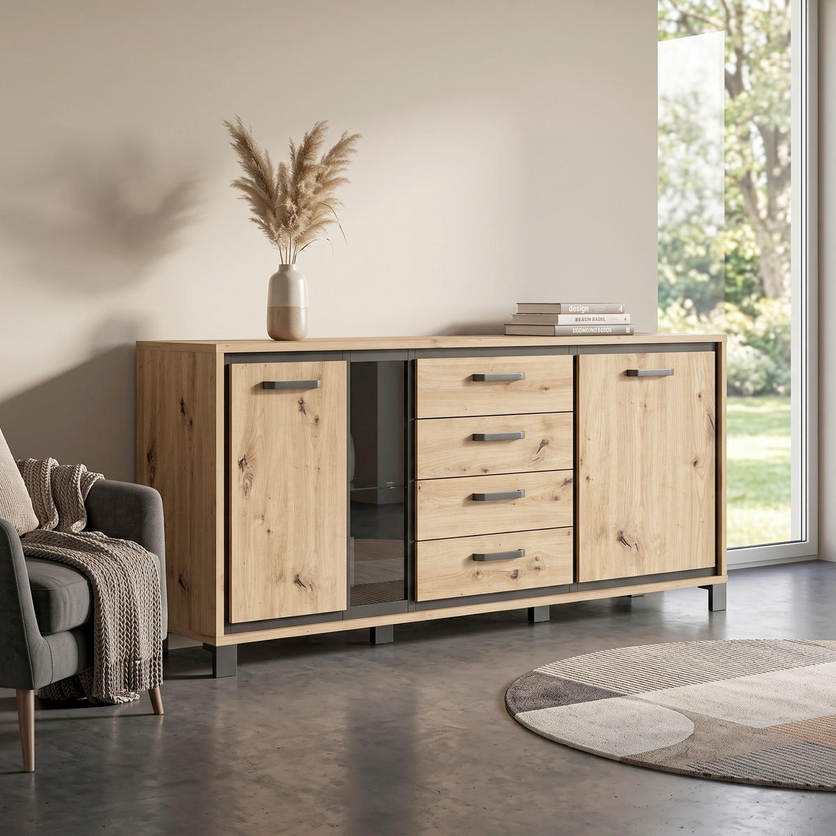 SIDEBOARD  177,4/81,3/41,5 cm 4 Schublade(n)  - Eichefarben/Schwarz, Basics, Glas/Holzwerkstoff (177,4/81,3/41,5cm) - Livetastic