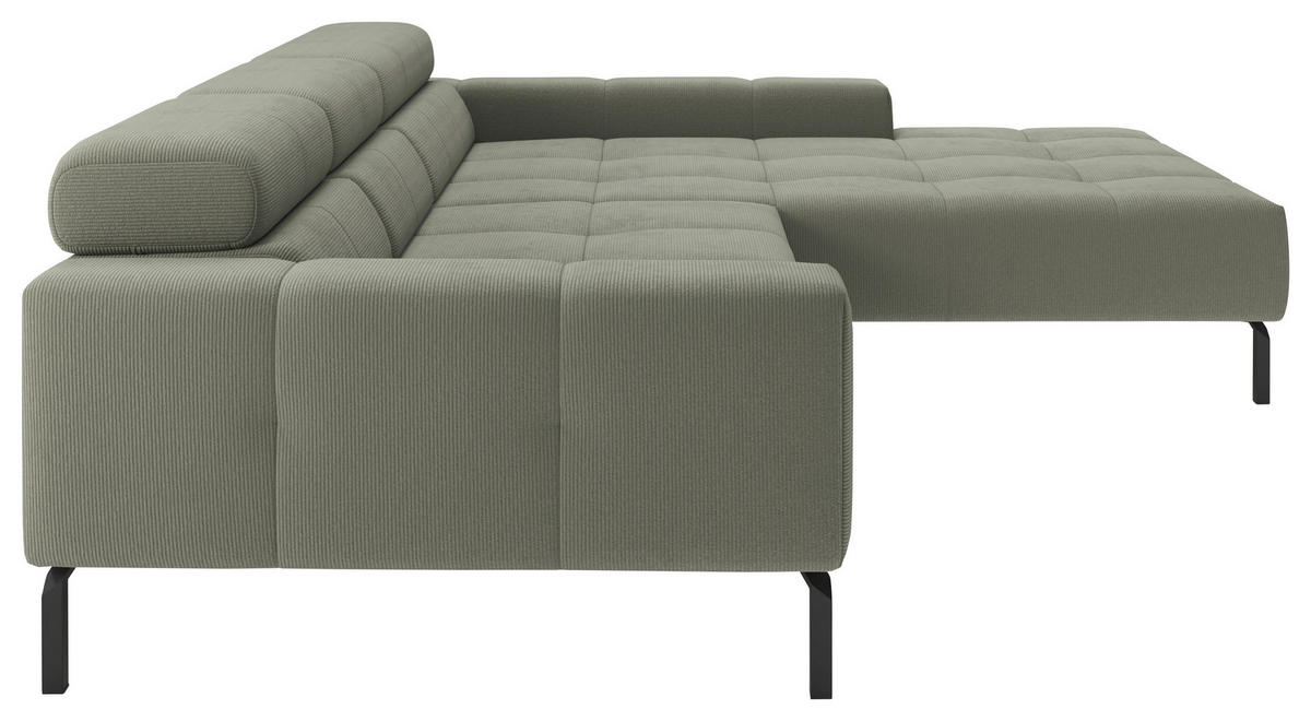 ECKSOFA Graugrün Feincord Rücken echt, Kopfteilverstellung, Sitztiefenverstellung  - Schwarz/Graugrün, KONVENTIONELL, Textil/Metall (293/226cm) - Hom`in