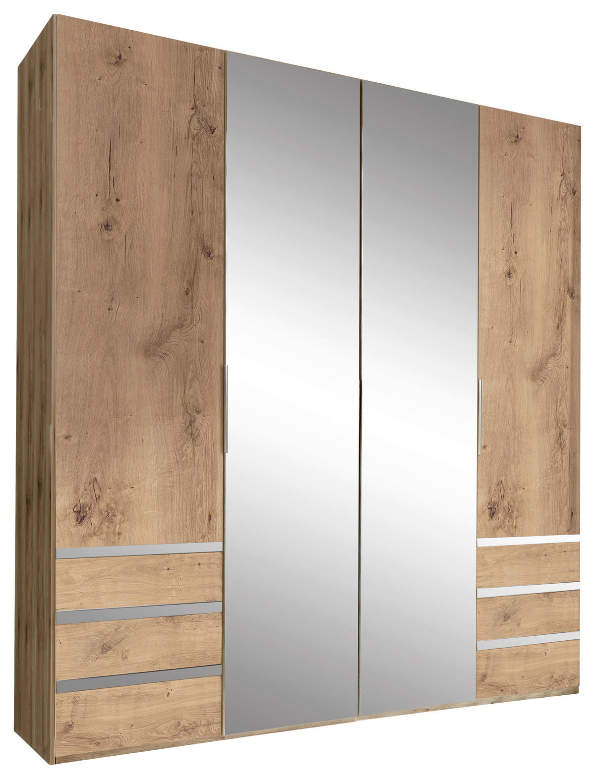 DREHTÜRENSCHRANK 200/216/58 cm,  in Silberfarben, Eichefarben, 4-türig  - Chromfarben/Plankeneiche, MODERN, Glas/Holzwerkstoff (200/216/58cm) - MID.YOU