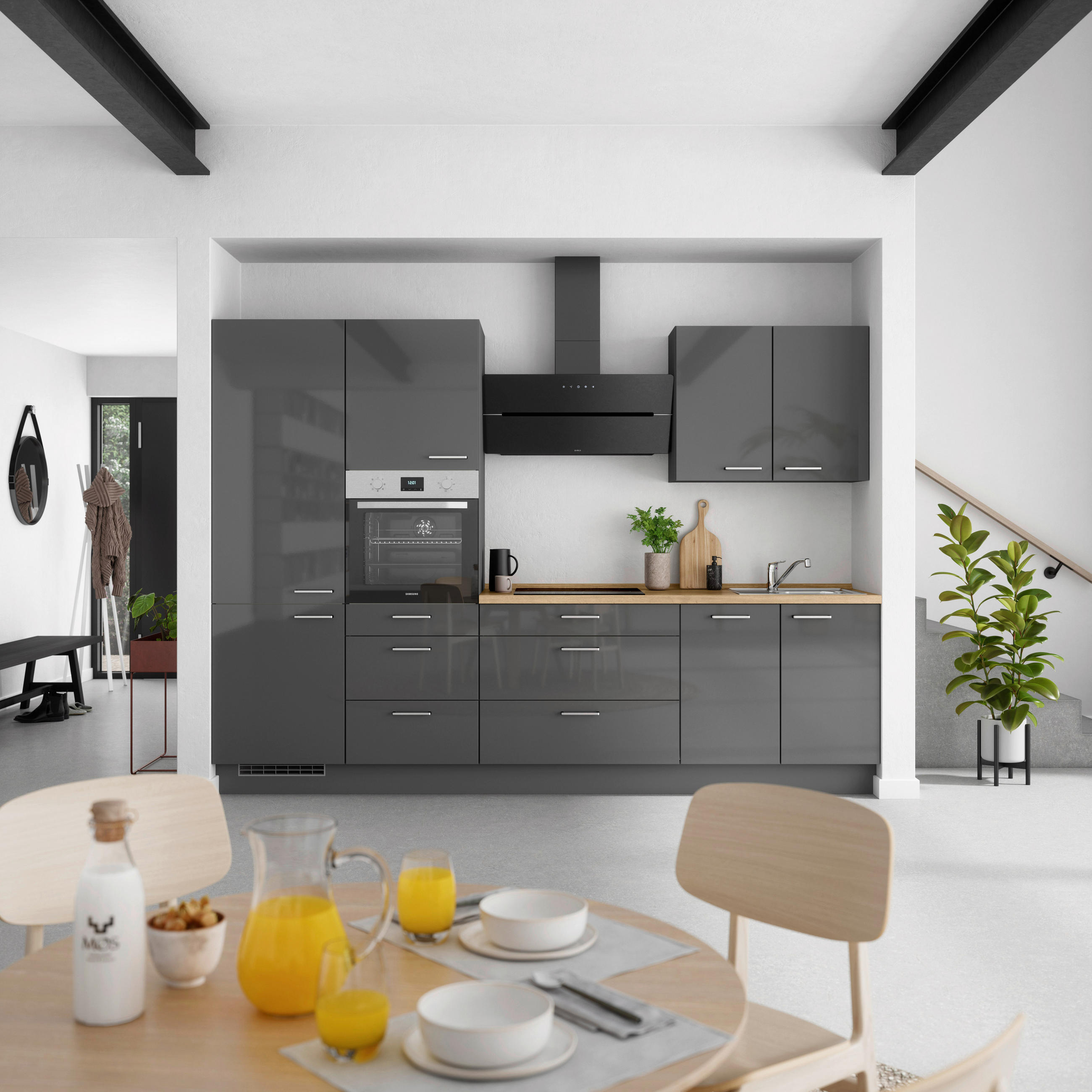 KÜCHENBLOCK Flash 300 cm  in Eichefarben, Schieferfarben  - Schieferfarben/Edelstahlfarben, MODERN, Holzwerkstoff/Metall (300cm) - Nobilia