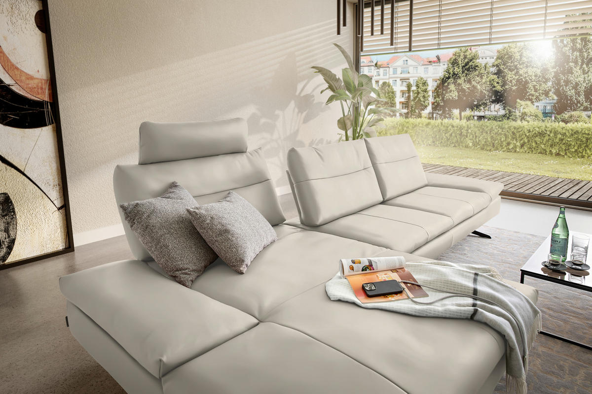 ECKSOFA  in Echtleder Ecru  158/342 cm  - Ecru/Schwarz, MODERN, Leder/Metall (158/342cm) - Chilliano