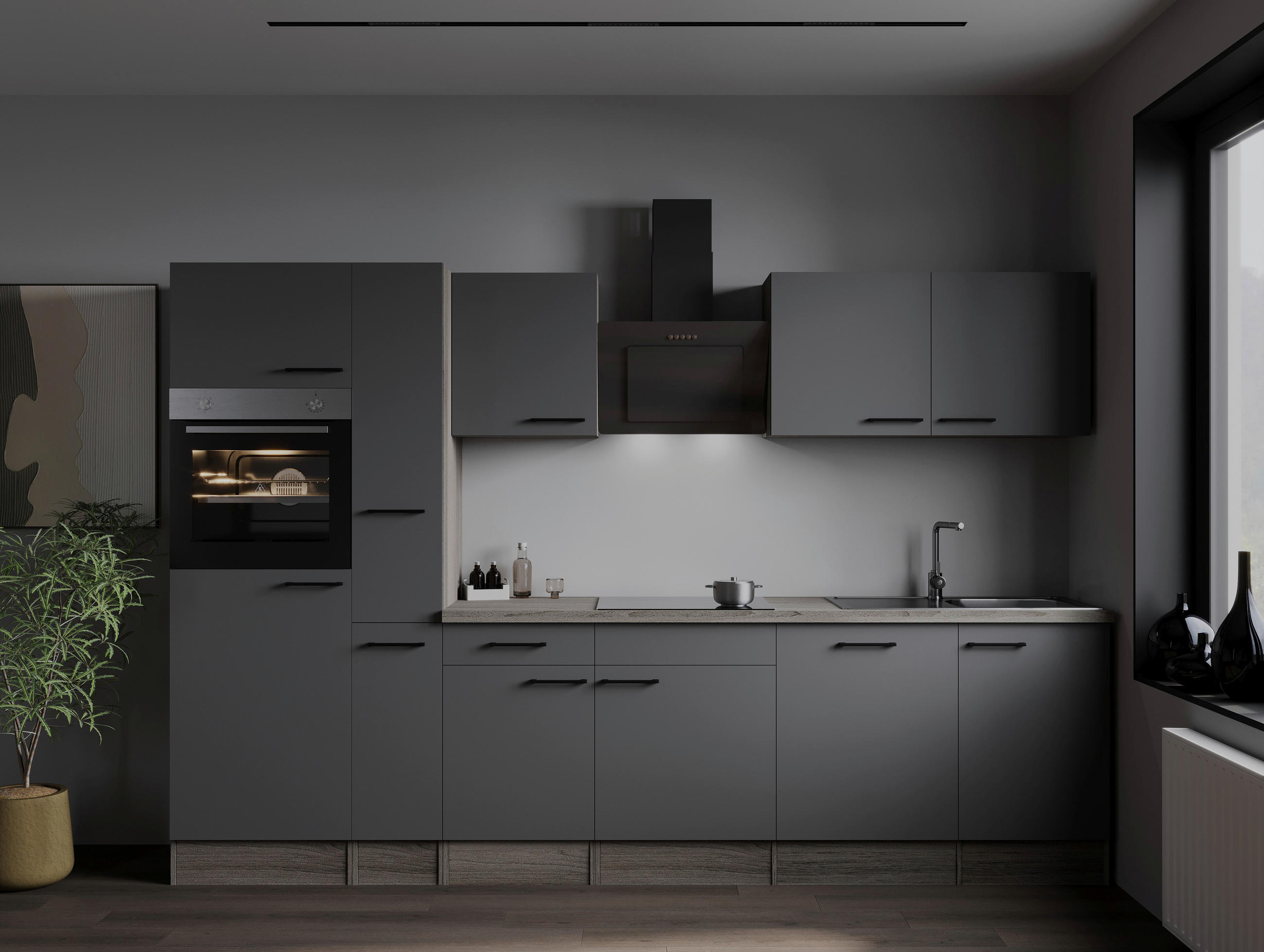 KÜCHENBLOCK 310 cm   in Grau, Eichefarben  - Eichefarben/Schwarz, Design, Holzwerkstoff/Metall (310cm) - Respekta