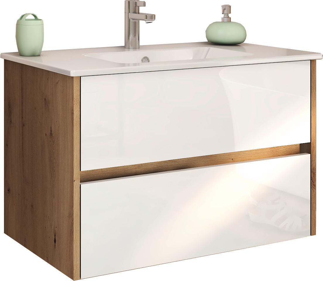 KOMBINOVANI UGRADNI UMIVAONIK  hrast san remo  - bela visoki sjaj/bela, Moderno, pločasti materijal/keramika (80/54/46cm) - Ti'me