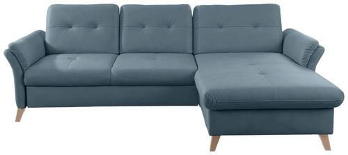 ECKSOFA Blau Lederlook (vegan)  - Blau/Eichefarben, Design, Holz/Textil (268/176cm) - Livetastic