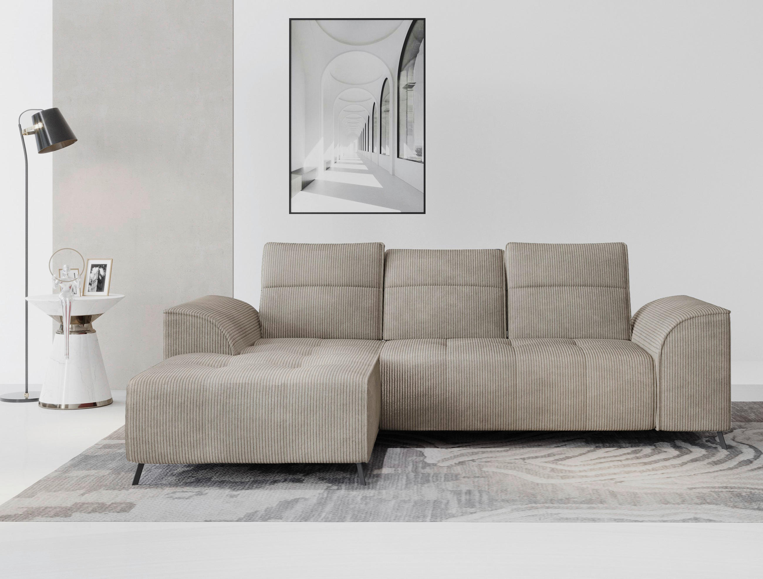 ECKSOFA Taupe Cord  - Taupe/Schwarz, KONVENTIONELL, Textil/Metall (196/290cm) - Carryhome