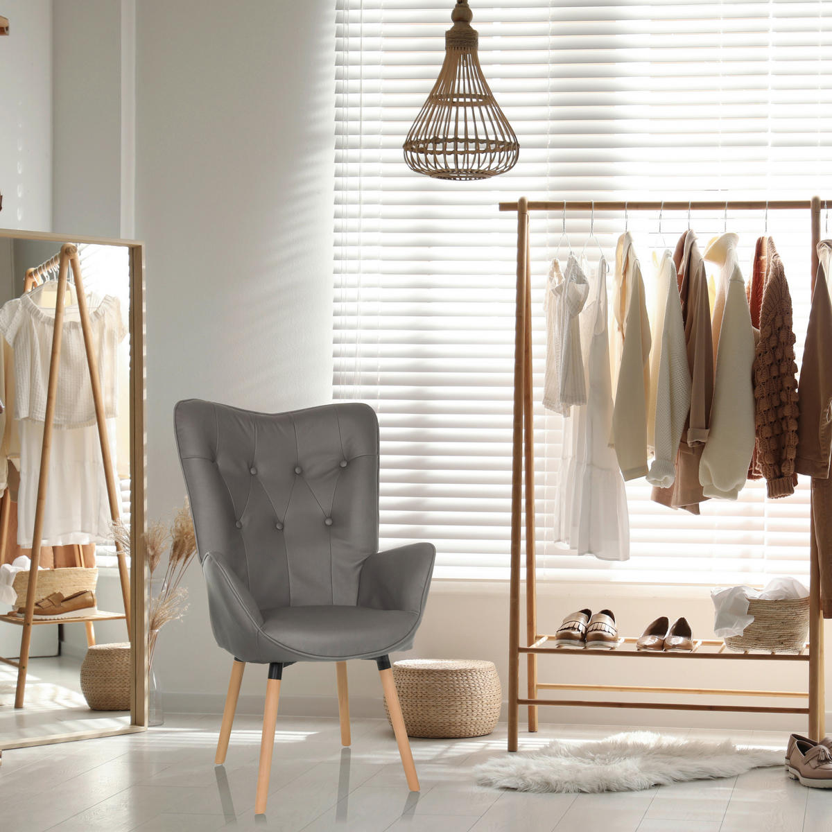 OHRENSESSEL in Velours Grau  - Buchefarben/Grau, MODERN, Holz/Textil (70/106/75cm) - MID.YOU