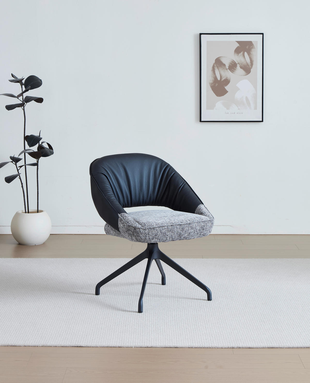 ARMLEHNSTUHL  Sitzfläche 360° drehbar, automatische Rückholfunktion Leinenoptik Echtleder  Grau, Schwarz  - Schwarz/Grau, Design, Leder/Textil (60/81/63.5cm) - Dieter Knoll