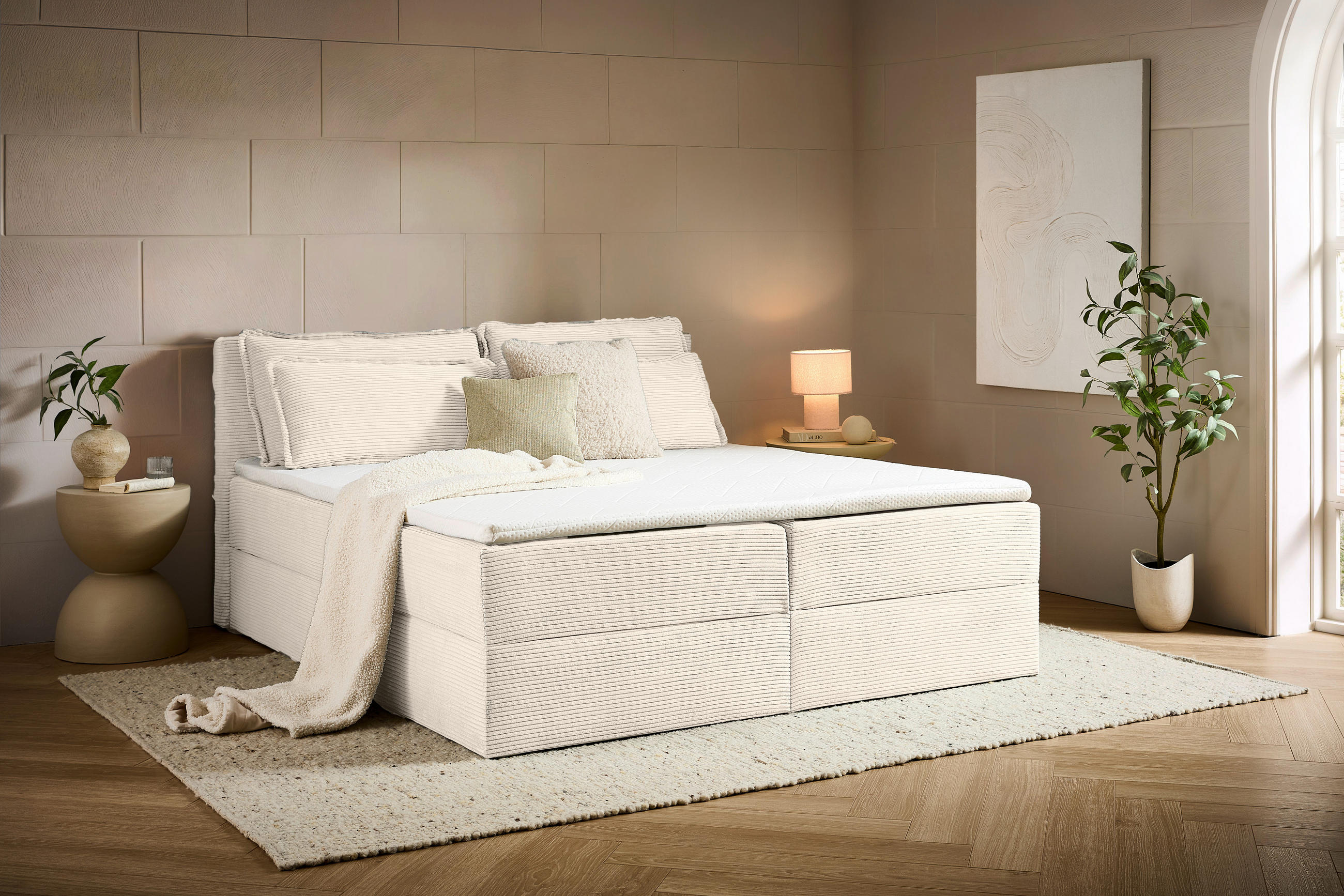 BOXBETT 180/200 cm,  in Beige, Kissen, Bettkasten, Topper, H3 + H3 = fest  - Beige/Schwarz, Design, Kunststoff/Textil (180/200cm) - Chameo