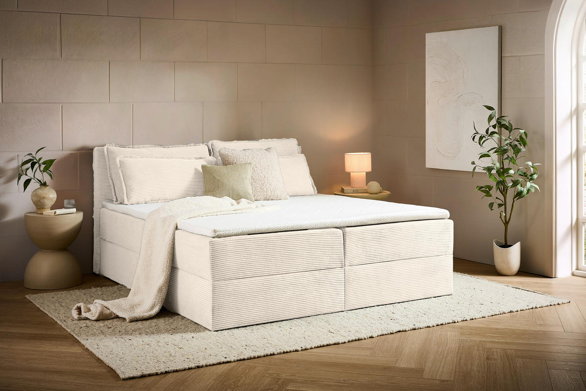 BOXBETT 180/200 cm,  in Beige, Kissen, Bettkasten, Topper, H3 + H3 = fest  - Beige/Schwarz, Design, Kunststoff/Textil (180/200cm) - Chameo