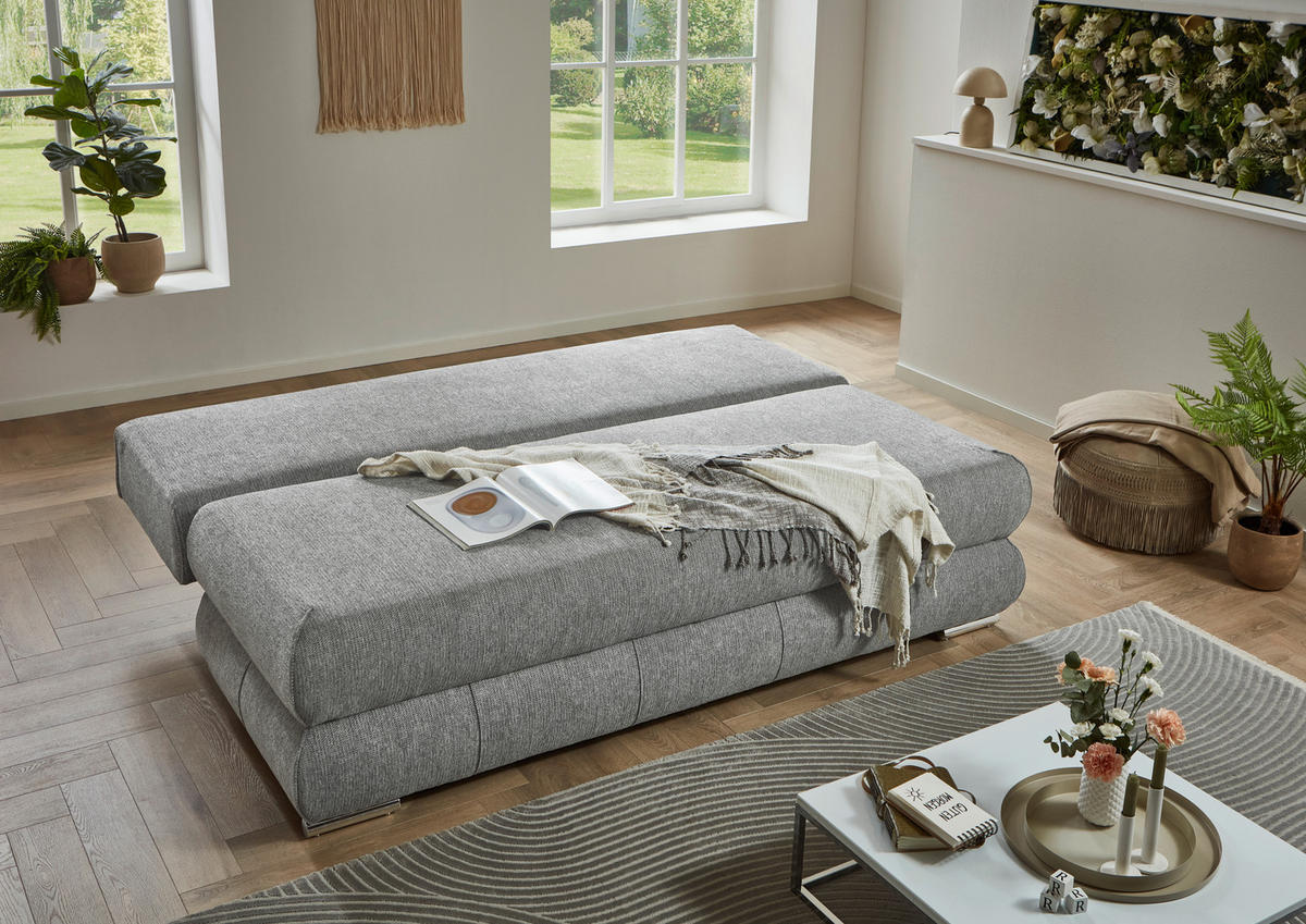 SCHLAFSOFA Webstoff Grau  inkl. Rückenkissen, Armlehnenkissen, Bettkasten, Schlaffunktion, Rücken echt, Liegefläche im Originalstoff  - Edelstahlfarben/Grau, KONVENTIONELL, Textil/Metall (199/95/97cm) - Carryhome