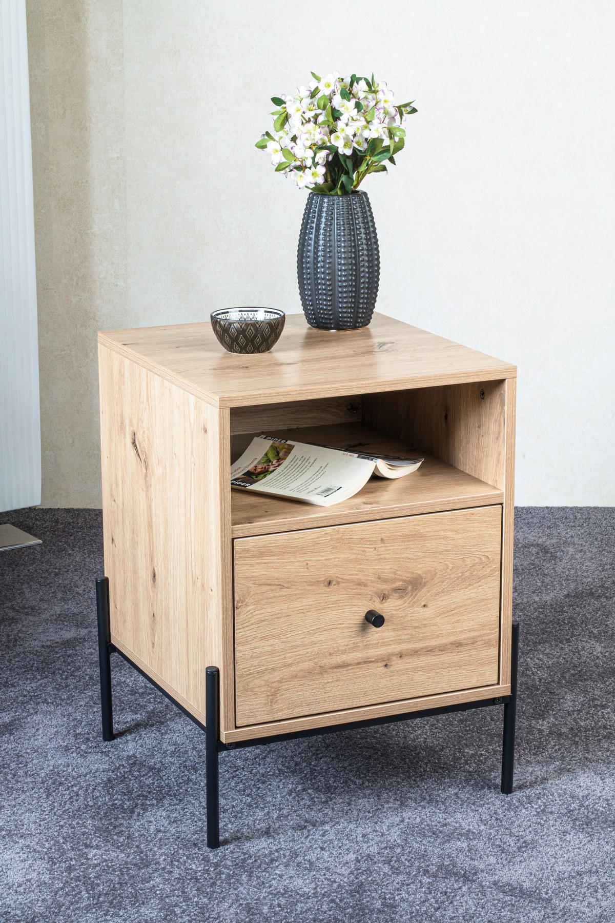 NACHTSCHRANK 45/60/47 cm  - Eichefarben/Schwarz, Design, Holzwerkstoff/Metall (45/60/47cm)