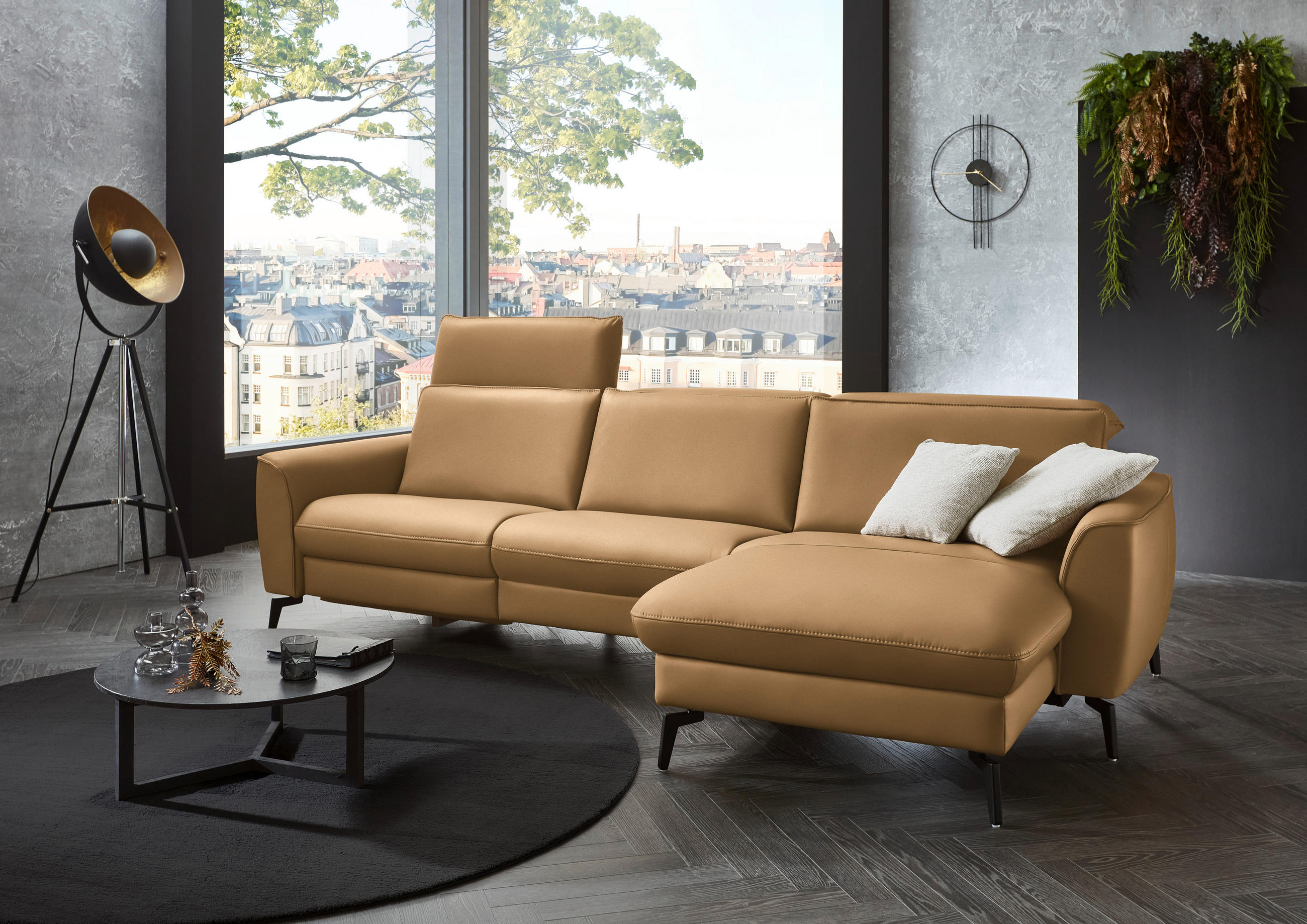 ECKSOFA in Echtleder Honig  - Schwarz/Honig, Natur, Leder/Metall (281/168cm) - Valdera
