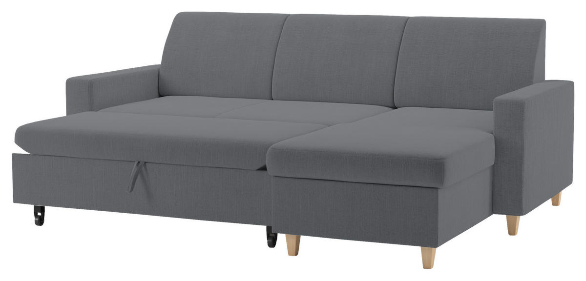 ECKSOFA NIKAS Grau Flachgewebe Bettkasten  - Buchefarben/Grau, Design, Holz/Textil (227/156cm) - MID.YOU