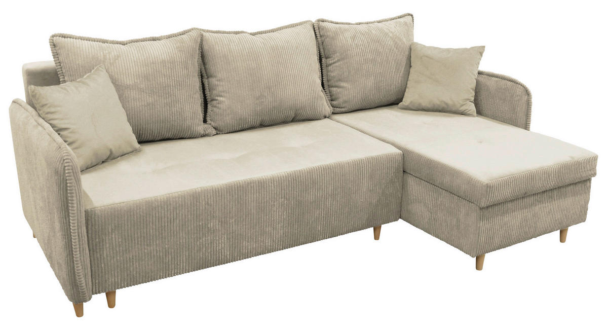 ECKSOFA TEDDY Beige Cord, Bouclé Zierkissen, Rückenkissen, Bettkasten  - Beige/Naturfarben, Design, Holz/Textil (215/142cm) - MID.YOU