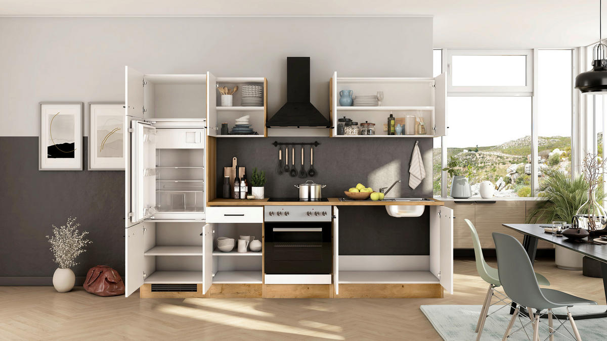 KÜCHENBLOCK 270 cm  in Eichefarben, Magnolie  - Eichefarben/Magnolie, Trend, Holzwerkstoff/Metall (270cm) - FlexWell