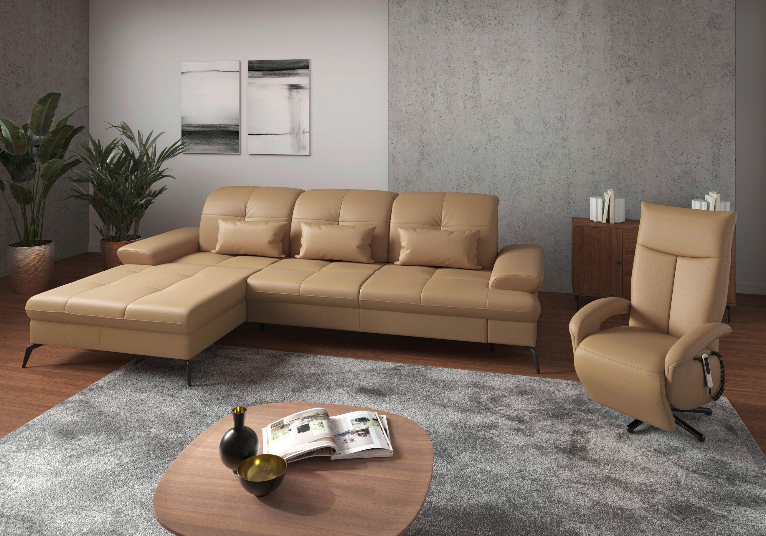 Thumbnail - Sit & More Ecksofa, Cappuccino, Textil, Leder, Kombination Echtleder/Stoff, Nappaleder, 4,5-Sitzer, Ottomane links, L-Fo...