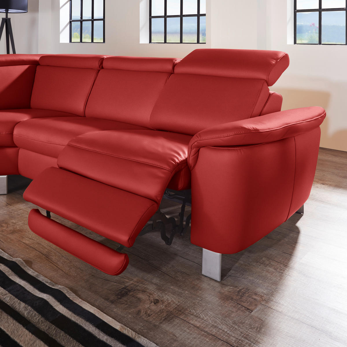 ECKSOFA in Echtleder Rot  - Rot/Alufarben, Design, Leder/Metall (239/271cm) - Cantus