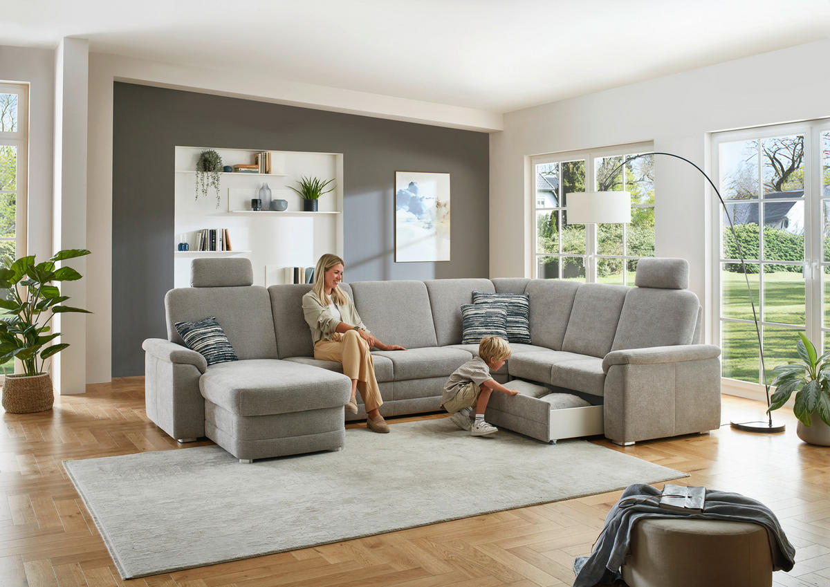 WOHNLANDSCHAFT  in Chenille Hellgrau  - Hellgrau/Alufarben, KONVENTIONELL, Holz/Textil (160/329/235cm) - Beldomo Comfort