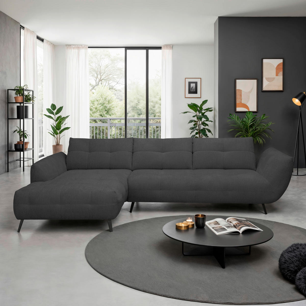 ECKSOFA Anthrazit Chenille Armlehnenkissen, Rücken echt, Sitztiefenverstellung  - Anthrazit/Schwarz, KONVENTIONELL, Textil/Metall (215/313cm) - Hom`in